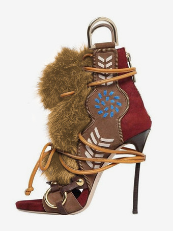 レディース グラディエーターサンダル オープントゥ バックルディテール フェイクファーディテール レースアップサンダル