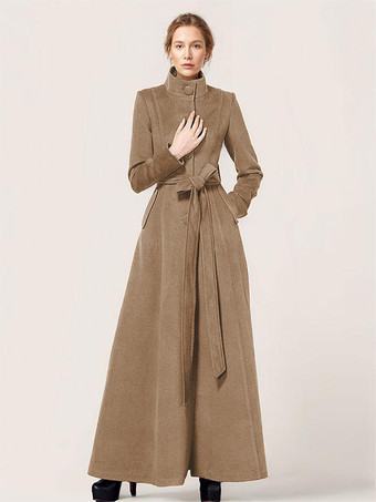 ロングウールブレンドコート スタンドカラー ベルト付き 暖かい クラシック フルレングス 冬アウター レディース 2025