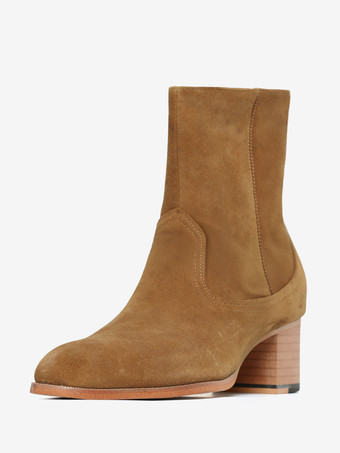 メンズブーツ チェルシーブーツ オレンジレザー スクエアトゥ アンクルショートブーツ