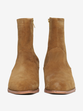 メンズブーツ チェルシーブーツ オレンジレザー スクエアトゥ アンクルショートブーツ