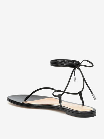 レディース ブラック フラットサンダル フリップフロップ レースアップ サンダル シューズ