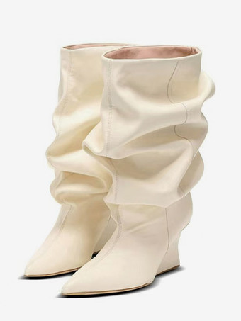 アイボリー ブラック ミッド クラフブーツ レディース ポインテッドトゥ スラウチ ウェッジブーツ