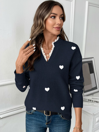 ダークネイビーハートプリントVネックセーター（レディース）2025