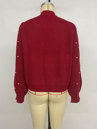 Vネックとバルーンスリーブのクリスマスレッドカーディガン（レディース用、2025年）