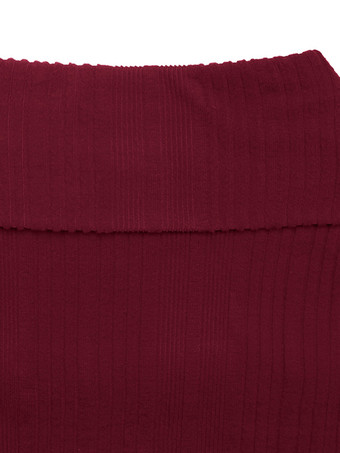 2025年レディース向け、バーガンディリブニットセット（オフショルダートップス＆マキシスカート）