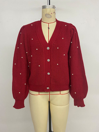 Vネックとバルーンスリーブのクリスマスレッドカーディガン（レディース用、2025年）