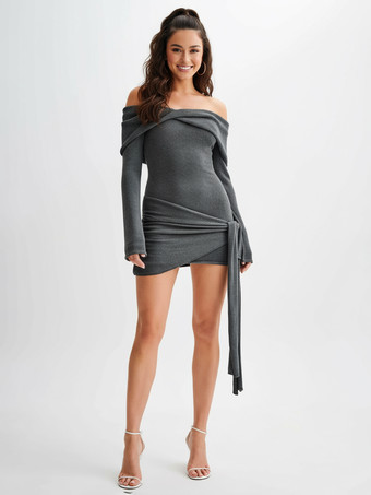 ツイストノット オフショルダー ミニドレス（ウエストタイ付き、レディース 2025）