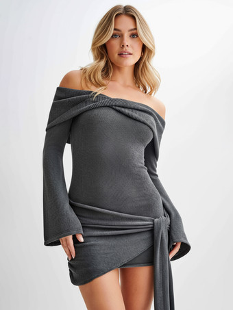 グレイツイストノット オフショルダー ミニドレス（ウエストタイ付き、レディース 2025）