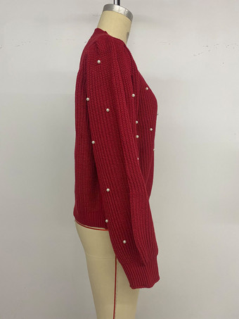 Vネックとバルーンスリーブのクリスマスレッドカーディガン（レディース用、2025年）