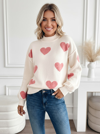ライトピンクモックネックとバルーンスリーブのスイートハートニットセーター（レディース 2026）