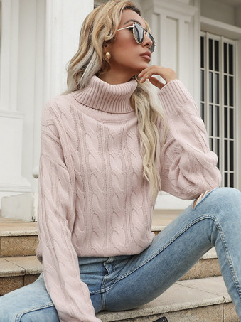ソフトピンクのケーブルニットセーター（タートルネック付き、レディース向け）2026年