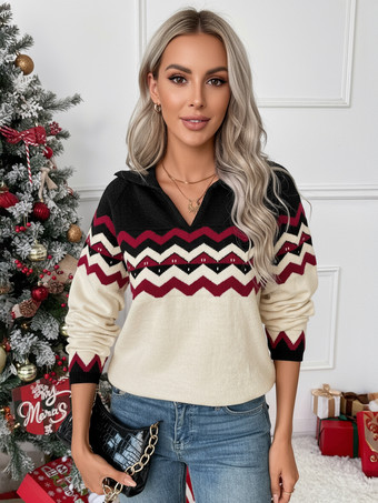 ブラック ジオニット カラーブロック ポロセーター（Vネック、レディース 2026）