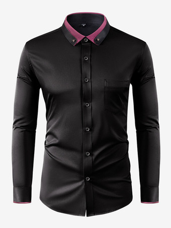 ブラック メンズ 長袖 ストレッチシャツ ダイヤモンドボタン 無地 スリムフィットシャツ