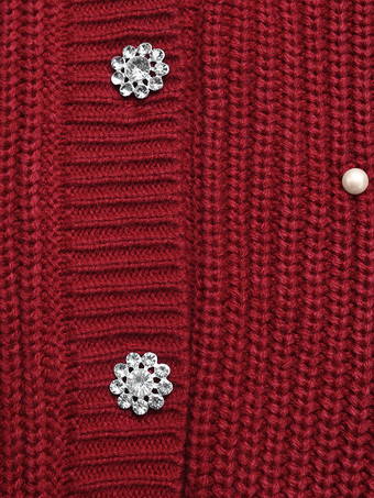 Vネックとバルーンスリーブのクリスマスレッドカーディガン（レディース用、2025年）