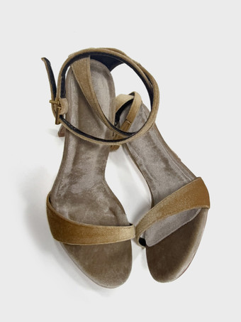 モグラ色ベルベットハイヒールサンダル オープントゥ クリスクロス パーティーシューズ