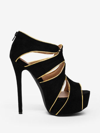 ブラックセクシーシューズ　2025　プラスサイズ　ピープトウ　カットアウト　レディースサンダル　ハイヒールサンダル