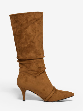 スエードニーハイブーツ、ポインテッドトゥ、バックルディテール、ミッドヒール、膝丈ブーツ