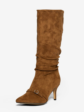 スエードニーハイブーツ、ポインテッドトゥ、バックルディテール、ミッドヒール、膝丈ブーツ