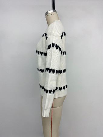 レディース プルオーバー ホワイト ツートン ジュエルネック 長袖 アクリル セーター