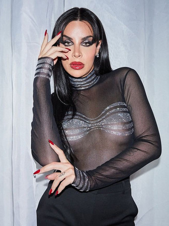 ブラック クラブボディスーツ ハイカラー ラインストーン 長袖 ツートン シック 大人用トップス