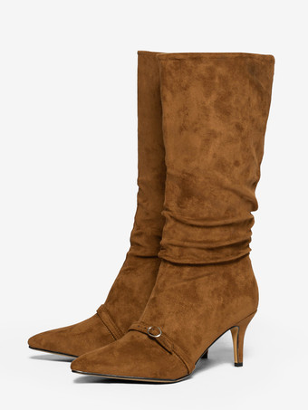 スエードニーハイブーツ、ポインテッドトゥ、バックルディテール、ミッドヒール、膝丈ブーツ