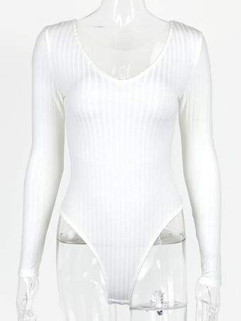 ボディスーツエクリュホワイト長袖バトーネックパイピングストレッチセクシーコットントップス女性用