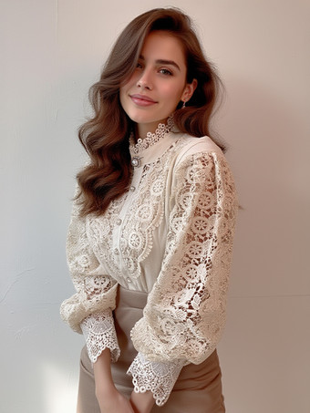 アプリコットレディースブラウス ピンク レース カットアウト ハイカラー カジュアル 長袖 レース トップス