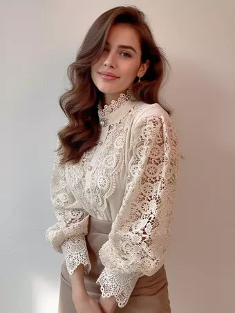 Camicetta Donna In Pizzo Floreale Con Maniche Ad Aletta E Orlo A Peplo, Stile Vintage