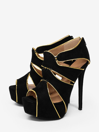 ブラックセクシーシューズ　2025　プラスサイズ　ピープトウ　カットアウト　レディースサンダル　ハイヒールサンダル