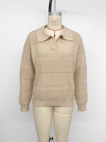 レディース プルオーバー セーター シャンパン カットアウト ターンダウンカラー 長袖 アクリル セーター