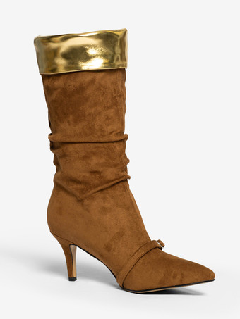 スエードニーハイブーツ、ポインテッドトゥ、バックルディテール、ミッドヒール、膝丈ブーツ