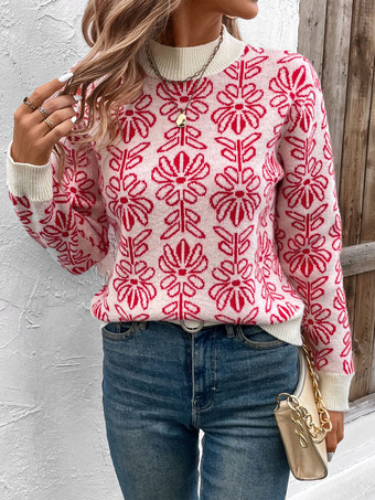 女性用プルオーバー レッドプリント ジュエルネック 長袖 アクリルセーター