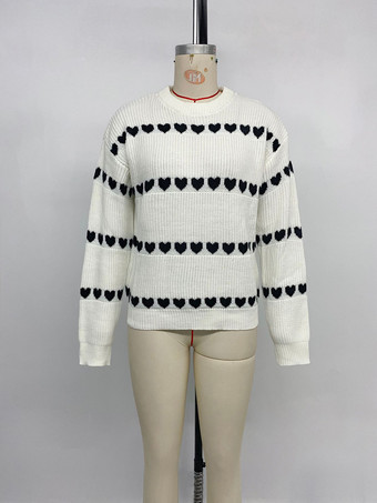 レディース プルオーバー ホワイト ツートン ジュエルネック 長袖 アクリル セーター