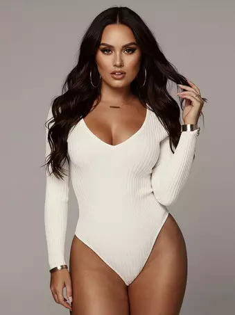 ボディスーツエクリュホワイト長袖バトーネックパイピングストレッチ