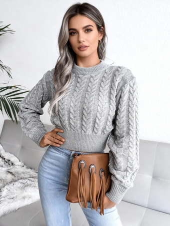 グレイ女性プルオーバーセーターベビーブルージュエルネックロングスリーブコットンセーター