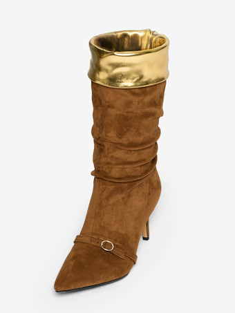 スエードニーハイブーツ、ポインテッドトゥ、バックルディテール、ミッドヒール、膝丈ブーツ