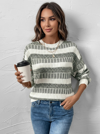 ハンターグリーン レディース プルオーバー セーター ハンターグリーン ツートン ジュエルネック 長袖 レイヤード アクリル セーター