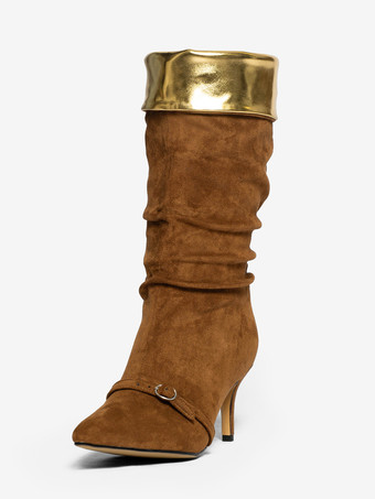 スエードニーハイブーツ、ポインテッドトゥ、バックルディテール、ミッドヒール、膝丈ブーツ