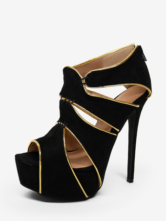 ブラックセクシーシューズ　2025　プラスサイズ　ピープトウ　カットアウト　レディースサンダル　ハイヒールサンダル