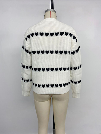 レディース プルオーバー ホワイト ツートン ジュエルネック 長袖 アクリル セーター