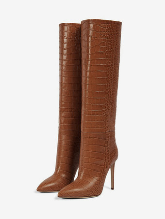 ブラウン ピンクのニーハイブーツ女性スティレットワイドカーフブーツスネークパターン明るいレザー