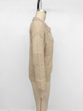 レディース プルオーバー セーター シャンパン カットアウト ターンダウンカラー 長袖 アクリル セーター