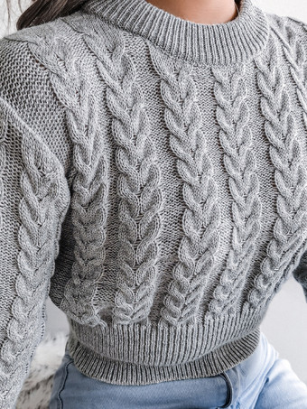 女性プルオーバーセーターベビーブルージュエルネックロングスリーブコットンセーター