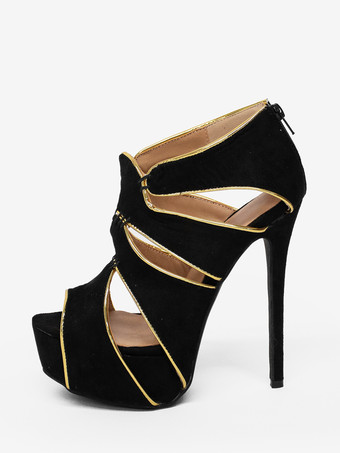 ブラックセクシーシューズ　2025　プラスサイズ　ピープトウ　カットアウト　レディースサンダル　ハイヒールサンダル