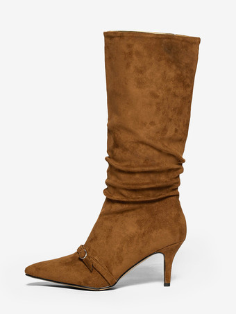 スエードニーハイブーツ、ポインテッドトゥ、バックルディテール、ミッドヒール、膝丈ブーツ