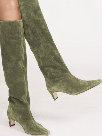 マイクロスエードアッパー ダークグリーン スクエアトゥ キトンヒール ミッドカーフブーツ レディース ブーツ