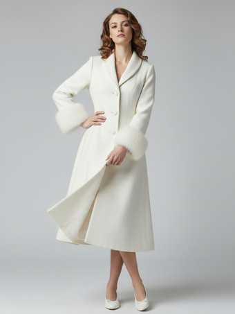 ヴィンテージAラインウールフレアミディコート（取り外し可能なフェイクファーカフス付き、ホワイト）2025年モデル