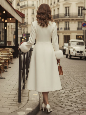 ヴィンテージAラインウールフレアミディコート（取り外し可能なフェイクファーカフス付き、ホワイト）2025年モデル