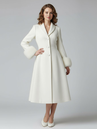 ヴィンテージAラインウールフレアミディコート（取り外し可能なフェイクファーカフス付き、ホワイト）2025年モデル