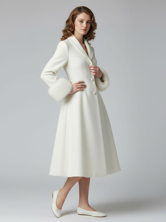 ヴィンテージAラインウールフレアミディコート（取り外し可能なフェイクファーカフス付き、ホワイト）2025年モデル